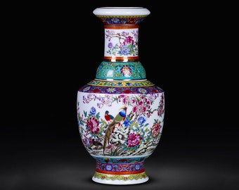 Ceramic vase|Antique enamel vase|Flower arrangement|Chinese home decoration|Happy housewarming|Birthday gift