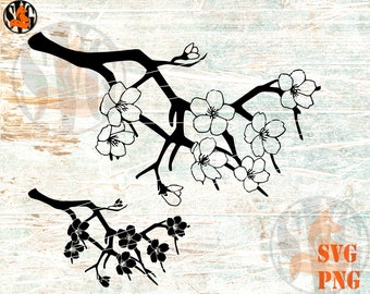 May include: Black silhouette of a cherry blossom branch with white flowers. The branch is curved and has several offshoots. The flowers are simple and have five petals each.