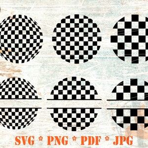 May include: A digital design featuring six black and white checkered sphere graphics. The graphics are in a circular shape, with some split in half. The bottom of the image includes the text "SVG * PNG * PDF * JPG".