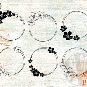 Cadre circulaire de fleurs de cerisier SVG PNG Fleurs de cerisier dessinées à la main rondes doubles cadres Bundle SVG Fleur de Sakura svg