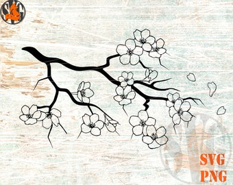 May include: Black and white silhouette of a cherry blossom branch with flowers and falling petals. The branch is curved and has several offshoots. The flowers are stylized and have five petals each.