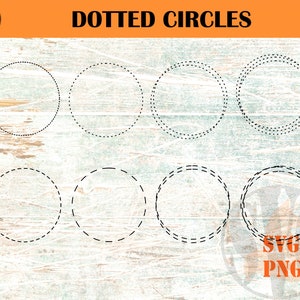 May include: A digital design file featuring six dotted circles on a white woodgrain background. The circles are all the same size and are arranged in two rows of three. The text "DOTTED CIRCLES" is at the top of the image.