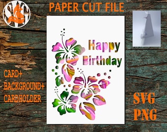 Happy Birthday Flowers Paper Cut Card SVG: Plus Card Holder (Digital Download)