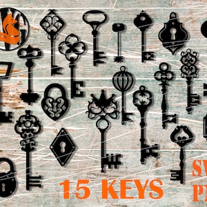 Sleutel SVG, Santa sleutel bundel Steampunk 15 sleutels 5 sloten laser gesneden bestanden skelet sleutel SVG papier gesneden sjabloon voor cricut silhouet