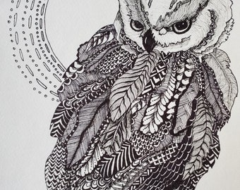 owl and moon zentangle