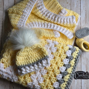 Crocheted Baby Bundle with Baby Blanket, Baby Beanie, Baby Booties, & Baby Cardigan