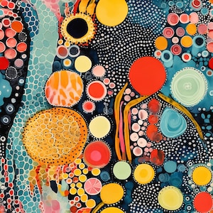 Könnte beinhalten: Abstrakter Kunstdruck mit einem farbenfrohen Muster aus Kreisen, Punkten und Wirbeln auf dunkelblauem Hintergrund. Der Druck zeigt eine Vielzahl von Farben, darunter Gelb, Orange, Rot, Rosa, Grün und Blau.