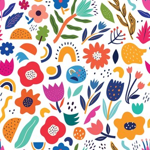 Puede incluir: Un patrón sin costuras que presenta formas abstractas coloridas, flores y hojas. El diseño incluye una variedad de elementos florales, como tulipanes, girasoles y margaritas, en tonos de rojo, naranja, amarillo, azul, verde y rosa.