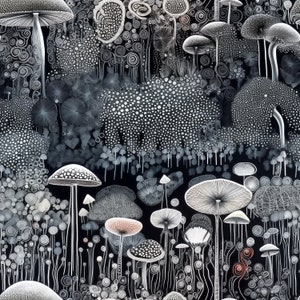 Puede incluir: Una ilustración en blanco y negro de un bosque con setas de varios tamaños y formas. Las setas están dibujadas con un estilo detallado e intrincado, con patrones y texturas en espiral. El fondo es un bosque oscuro y sombrío.