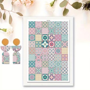 May include: A pair of earrings with a gold disc and a patterned, half-circle design in teal, pink, and white. A framed print displays a patchwork of colorful, geometric patterns in similar hues. The print has the text "MT760".