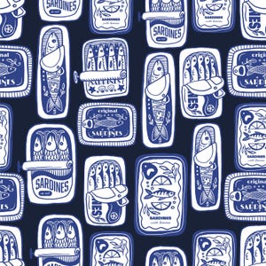 May include: A seamless pattern featuring white line art illustrations of sardine tins on a dark blue background. The designs include various depictions of fish, lemon slices, and text labels such as Sardines in oil and Sardines with lemon.