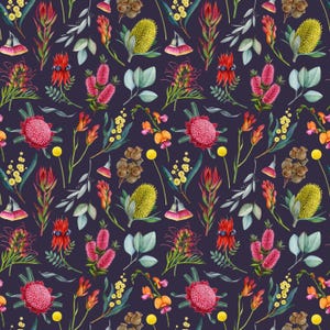May include: A repeating pattern of colourful flowers and leaves on a dark purple backdrop. The design includes red, yellow, orange, and green elements, creating a vibrant and detailed floral print.