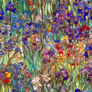 以下が含まれることがあります： 色とりどりのアヤメの花畑をステンドグラス風に描いたイラスト。花は青、紫、黄、オレンジ、赤など様々な色合いで描かれています。背景は緑色のモザイク模様の畑です。