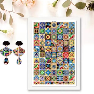 May include: A pair of patterned earrings with black tops and a framed print of decorative tiles. The earrings have a fan-like design with various colours and patterns, matching the tile print.