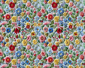 May include: A detailed floral pattern featuring embroidered flowers in various colors, including red, yellow, pink, and blue. Green leaves and stems intertwine with the blossoms, creating a textured, repeating design on a light background.