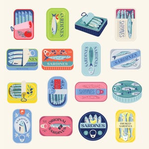 Peut inclure: Une collection de boîtes de sardines colorées de différentes formes et designs. Les boîtes présentent des illustrations de sardines, d'olives et le mot "Sardines" dans différentes polices. Certaines boîtes sont ouvertes, révélant les poissons à l'intérieur.