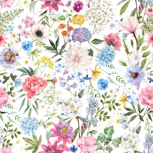 Puede incluir: Un patrón floral de acuarela con una variedad de flores en tonos de rosa, azul, blanco, amarillo y morado. Las flores están dispuestas en un patrón aleatorio sobre un fondo blanco.