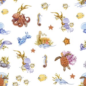 May include: Watercolor illustration of various sea creatures on a white background. The design features an octopus, seahorse, jellyfish, fish, sea turtle, stingray, starfish, and coral. The artwork is in shades of brown, blue, yellow, and purple.