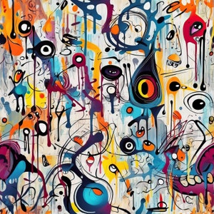 Puede incluir: Impresión de arte abstracto con un diseño colorido y en espiral con varias formas y colores, incluyendo azul, amarillo, naranja, rojo y negro. El diseño recuerda a la pintura que gotea y a los ojos abstractos.