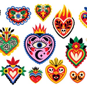 May include: A selection of vibrantly coloured heart-shaped illustrations with detailed designs. Each heart showcases unique patterns, including flames, eyes, flowers, and celestial elements. The bright palette includes red, yellow, blue, green, and pink, creating a festive and decorative aesthetic.