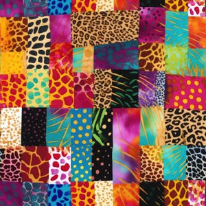 Puede incluir: Una vibrante tela de patchwork que presenta una variedad de estampados animales, incluyendo manchas de leopardo, patrones de jirafa y marcas de guepardo, intercalados con formas geométricas coloridas, lunares y diseños abstractos.