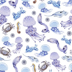 May include: Watercolor illustration of various sea creatures on a white background. The design features jellyfish, crabs, seahorses, stingrays, and sea slugs in shades of blue, purple, and brown. The pattern is repeated across the image.