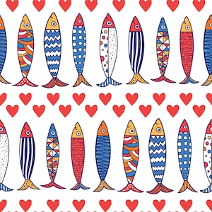 Puede incluir: Patrón repetitivo de peces estilizados y coloridos con diversos diseños. Las filas de peces se alternan con filas de corazones rojos sobre un fondo blanco. Los peces presentan detalles en naranja, amarillo, azul y rojo.