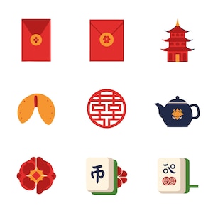 May include: A collection of fifteen flat vector icons featuring a red lantern, two red envelopes, a pagoda, a dragon, green bamboo, a fortune cookie, a double happiness symbol, a dark blue teapot, a round orange, a tree, a flower, two mahjong tiles, and a red fan.
