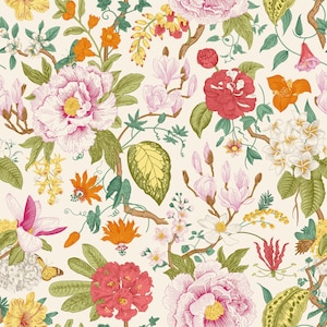 May include: A seamless floral pattern featuring a variety of flowers in shades of pink, red, orange, yellow, and white against a cream background. The design includes peonies, magnolias, and other blossoms with green leaves and brown stems.