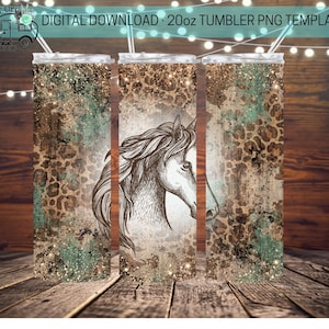Rustic Horse, Teal, Leopard Print 20 oz Skinny Tumbler Design - Straight Wrap Design - Tumbler PNG