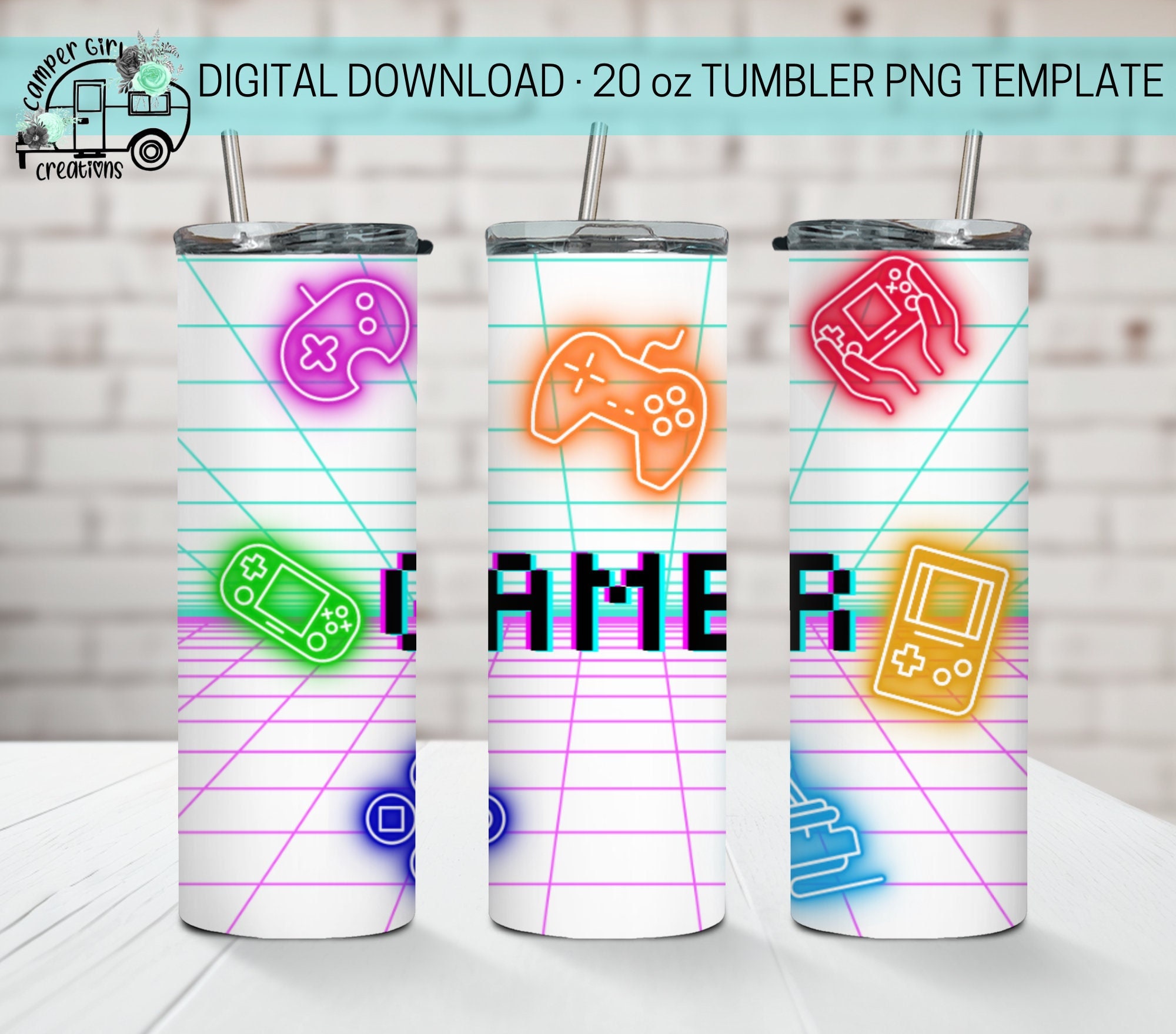 Neon Gamer 20 Oz Skinny Tumbler Sublimation Design Straight - Etsy