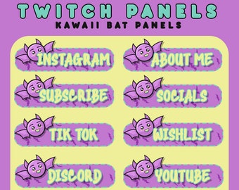 Twitch Panels of Cute Purple Bat: Bundle Pack Animal Streaming | Kawaii Overlay Stream