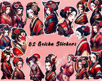 Digital Stickers for GoodNotes and Printable | 82 Pack png Japanese Geisha for daily use Bundle |  High Quality 300 DPI RGB & CMYK