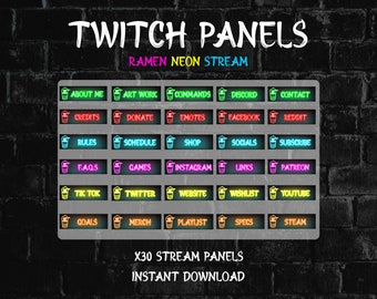 Twitch Panels Neon Ramen | Japanese Stream Neon Style | Cute Cozy Pixel