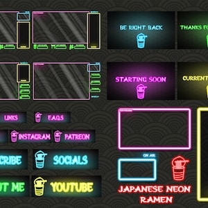 Japanese Neon Twitch Overlay / Japan neon / Ramen theme / Stream Package image 1