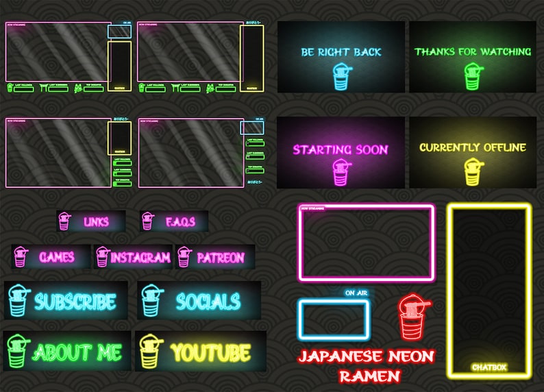 Japanese Neon Twitch Overlay / Japan neon / Ramen theme / Stream Package image 1
