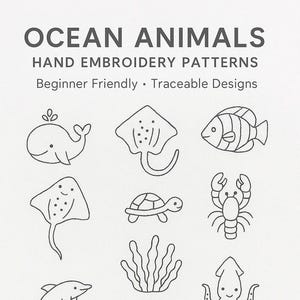 Może przedstawiać: Na białym tle tekst "OCEAN ANIMALS HAND EMBROIDERY PATTERNS" i ilustracje zwierząt morskich. Projekty obejmują wieloryba, płaszczkę, rybę, żółwia, homara, wodorosty, delfina, kałamarnicę, morsa i rekina.