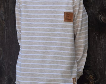 Langarmshirt, Oversize, Rippshirt, für Kidner (Jungen/Mädchen) mit Kunstlederlabel, hellblau oder beige, Größe 80 - 128