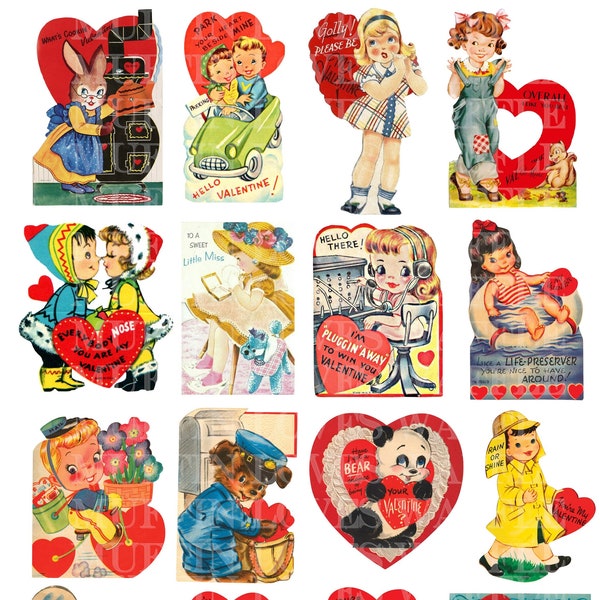 32 Cards, Vintage, Valentine, Whitman, Valentine Card, Collage Sheet, Bundle, Clipart, PNG, Digital Download, Vintage Valentine Clip Art