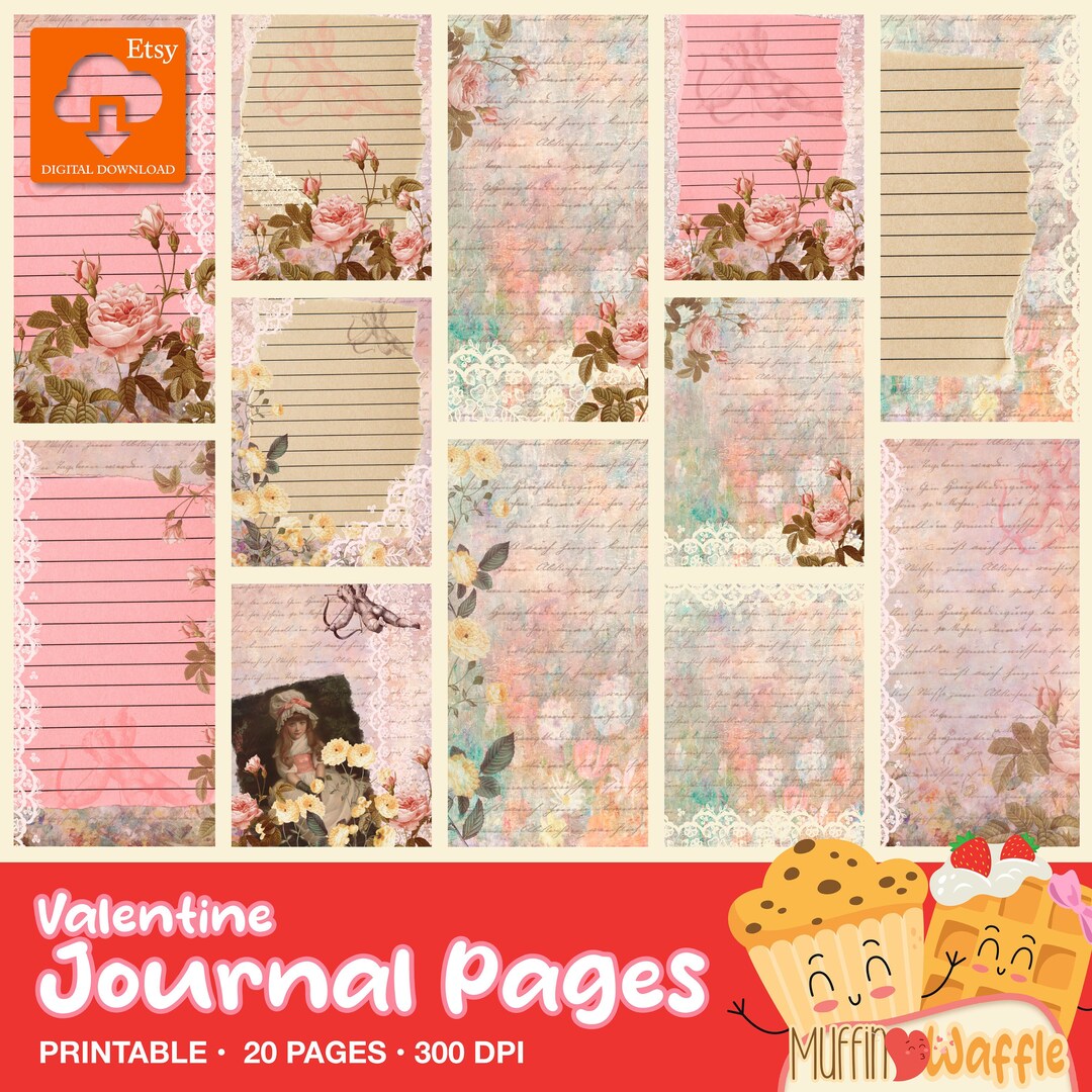 Valentine, Script, Journal Pages, Printable, Junk Journal Kit, Ephemera