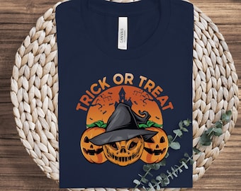 Trick Or Treat Halloween Costume T-Shirt, Pumpkin Halloween Party Shirt, Anti-Halloween, Funny Horror Graphic Fall Tee, Pumpkin Face