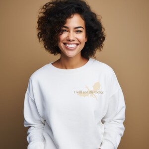 Mercancía de la cuarta ala, sudadera de la cuarta ala, suéter no moriré hoy, bookish, Rebecca Yarros Merch, camisa de fan del romance de fantasía, regalo de libro White