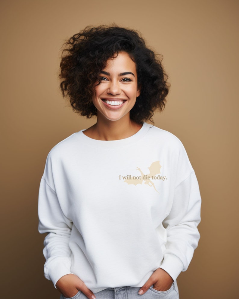 Mercancía de la cuarta ala, sudadera de la cuarta ala, suéter no moriré hoy, bookish, Rebecca Yarros Merch, camisa de fan del romance de fantasía, regalo de libro White