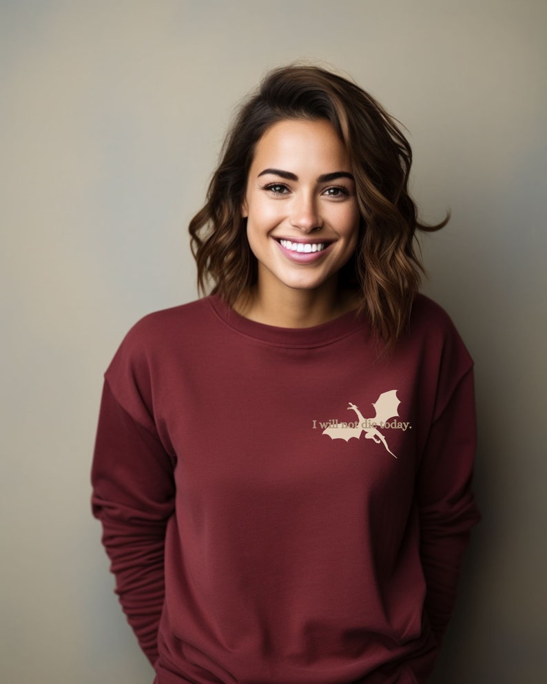 Mercancía de la cuarta ala, sudadera de la cuarta ala, suéter no moriré hoy, bookish, Rebecca Yarros Merch, camisa de fan del romance de fantasía, regalo de libro Maroon