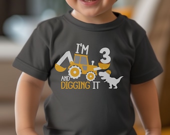 Construction Birthday Shirt, Three and Diggin' It T-Shirt, Dinosaur First Birthday Shirt, Customizable 2nd Birthday Boy Tee, Excavator Shirt