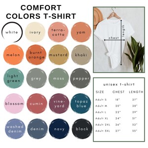 May include: A chart of unisex t-shirt colors with corresponding names. The chart includes 20 color swatches with names like "white", "ivory", "terra-cotta", "yam", "melon", "burnt orange", "mustard", "khaki", "light green", "grey", "moss", "pepper", "blossom", "cumin", "vine-yard", "topaz blue", "washed denim", "denim", "navy", and "black". Below the chart is a table with sizing information for the t-shirts, including chest and length measurements in inches.