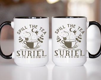 Taza de café de dos tonos de Suriel Tea, taza de la Corte de Tronos y Rosas, Sarah J Maas, ACOTAR, salón de té de Suriel, taza de té caliente de High Lord, regalo literario