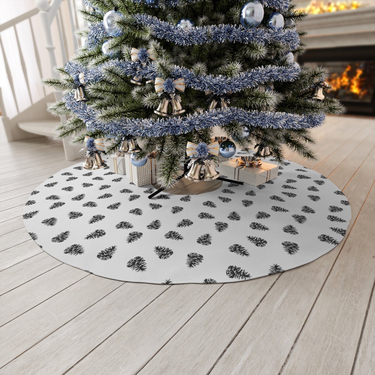 Black and White Pinecone Tree Skirt, Modern Christmas Tree Skirt Black And White Christmas Tree Skirt