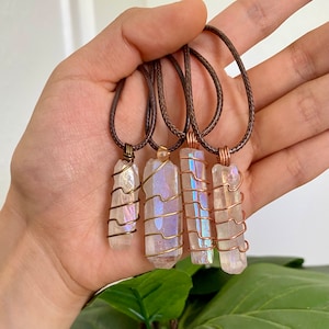 Aura Quartz Pendant Necklace, Wire Wrapped Quartz Crystal, Simple Wire Pendant, Single Wire Wrapped Aura Crystal Pendant Necklace