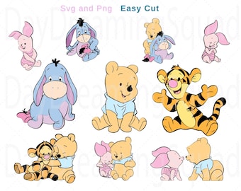 May include: A set of nine cartoon character illustrations featuring Winnie the Pooh, Piglet, Tigger, and Eeyore. The characters are depicted in various poses, including hugging, sitting, and standing. The illustrations are in a cartoon style and are suitable for use in a variety of projects, such as scrapbooking, card making, and digital design.